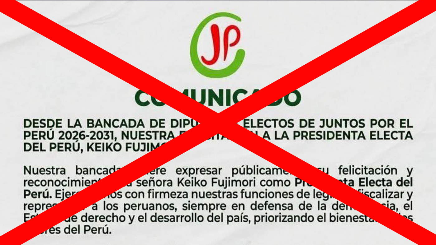 Es falso el supuesto comunicado en el que la bancada de JP felicita a Keiko Fujimori como presidenta electa